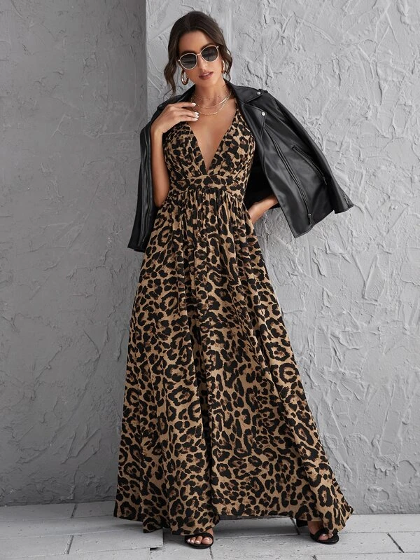 Vestido Longo Com Estampa de Onça